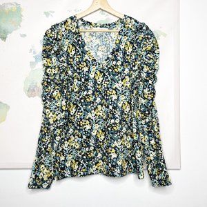 LOFT Top Size Large Blue Yellow Floral Puff Sleeve V-Neck Crinkle Fabric NWOT